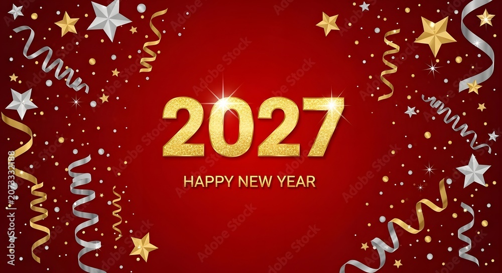 Naklejka premium Happy new year 2027 greeting card with gold numbers and festive streamers on a dark red background