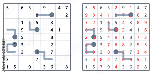 Foto Two variations of Sudoku puzzles with solutions highlighted in blue and gray