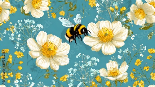 seamless pattern with bees and flowers
