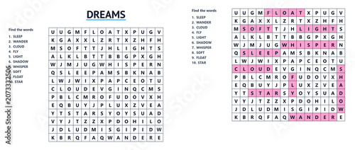 Foto Word search puzzle featuring dreams and related words, playful design