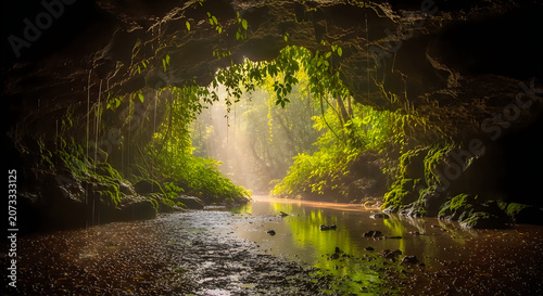 Sunlight filtering through dense forest trees by a calm river