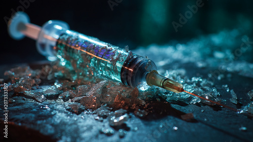 Medical syringe lying on shattered glass fragments in dim lighting with hospital