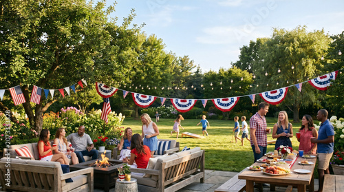 Lively backyard party on 4th of July with friends and family enjoying outdoor games and food