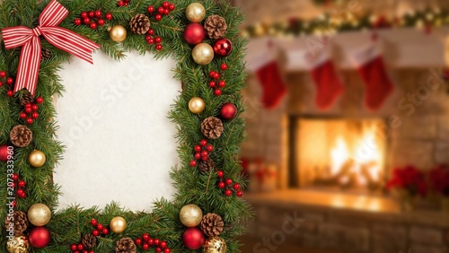 Blank Christmas Greeting Card Frame by Fireplace Background