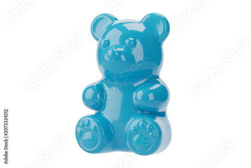 Blue teddy bear, shiny and glossy, sitting on white background