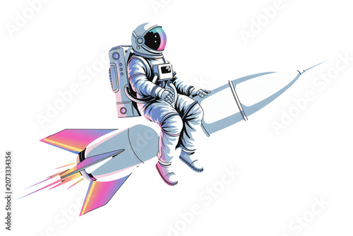 Astronaut Riding Rocket, Space Suit, White Background