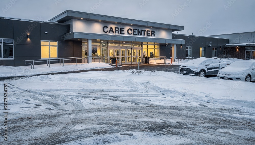 Fototapeta premium Snowy winter medium shot showcasing the care facilitys front with frosted signage shoveled accessibility pathways and tire tracks in the parking area.