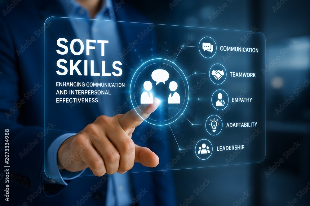 Obraz premium A businessman pointing to a digital interface displaying soft skills for the concept of professional development.