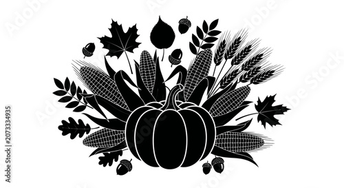 Canvas Print Harvest symbols with pumpkin corn leaves acorns wheat