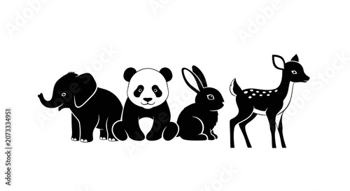Obraz na płótnie Black and white animal friends with elephant panda rabbit
