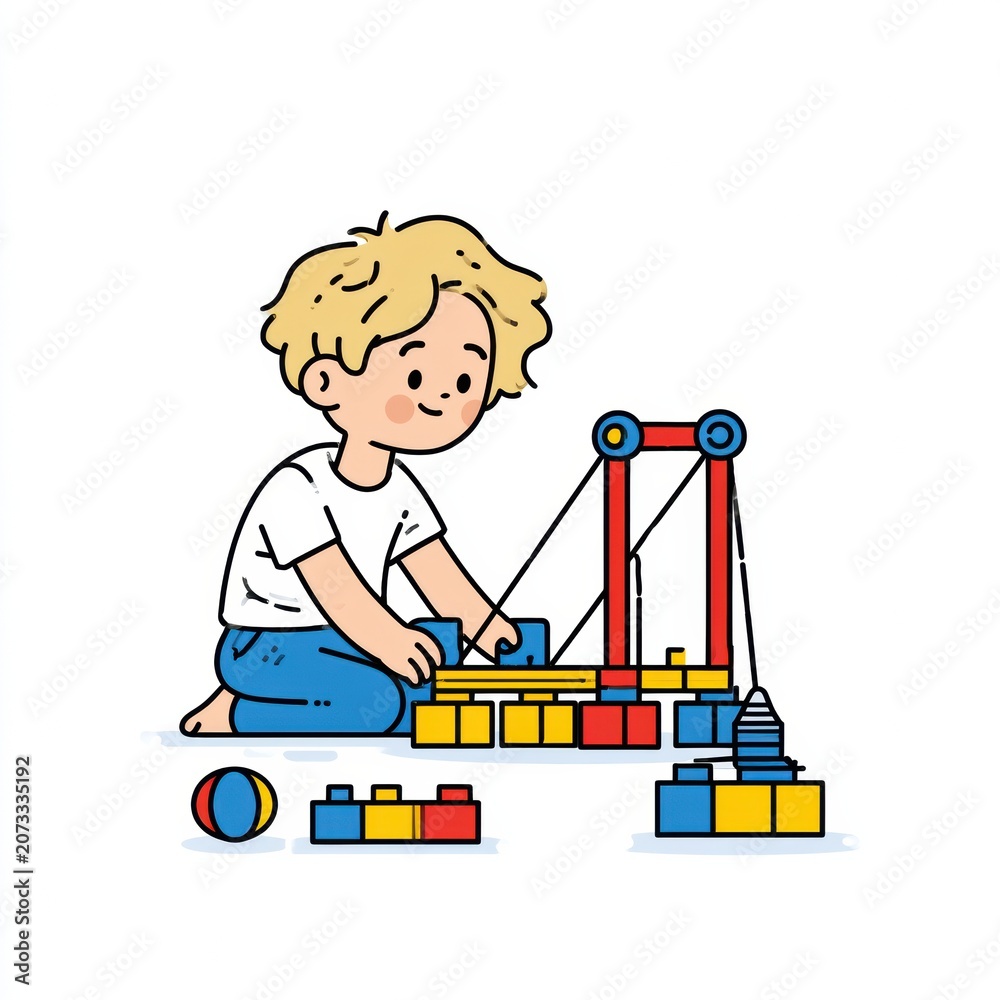 Obraz premium A boy is engaged in building a bridge using colorful blocks while testing its strength with weights. He enjoys the challenge during playtime.