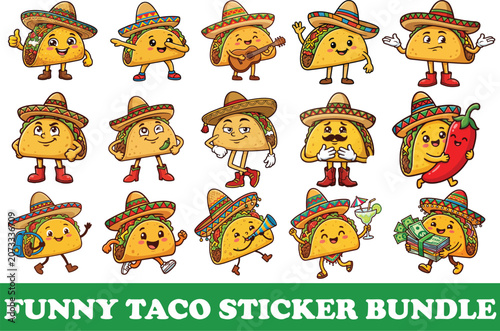 Cute Funny Taco Character Sticker Bundle Illustration Set