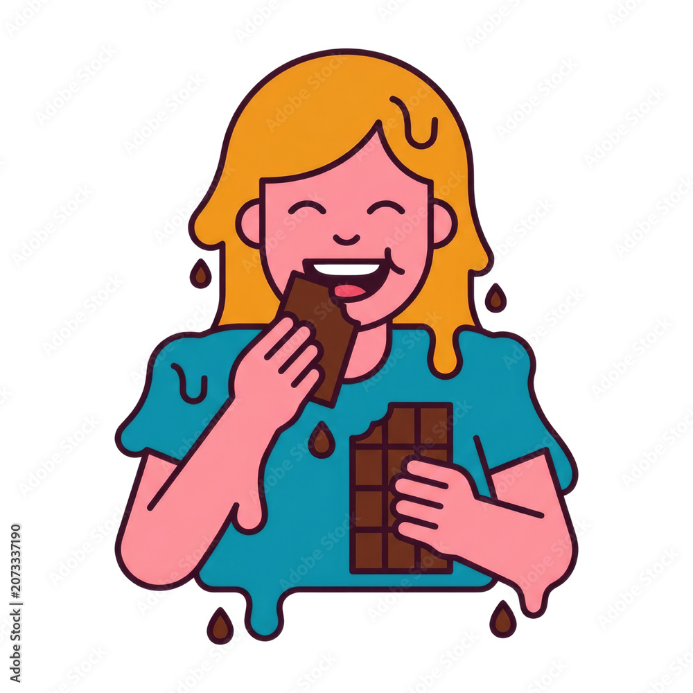 Fototapeta premium Joyful Cartoon Woman Eating Melting Chocolate Bar Illustration