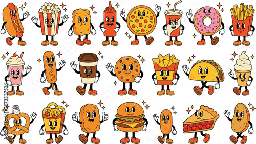 Quadro su tela Large collection of retro cartoon fast food characters with funny faces in a cla