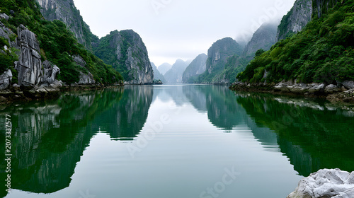 Serene Ha Long Bay with Limestone Karsts Rising from Calm Waters in Vietnam's Natural Wonderland