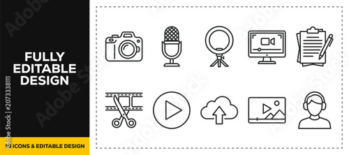 Photos flat vector illustration line art icon bundle set design featuring photography v