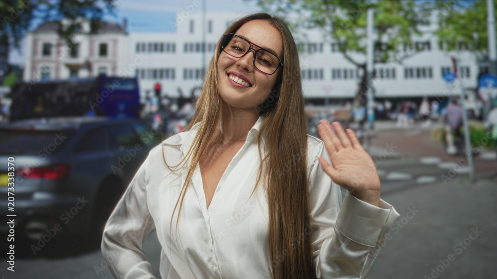 Fototapeta premium Woman smiling and waving hand on a busy street in front of shops and cars, wearing glasses and white blouse; friendly greeting.