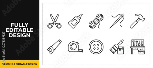 flat vector illustration line art icon bundle set design featuring tailoring sewing crafting scissors thread needle tape measure fashion handmade clothing boutique ui