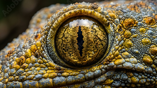 Macro close-up of a gecko's eye, intricate scales, golden iris, reptile detail