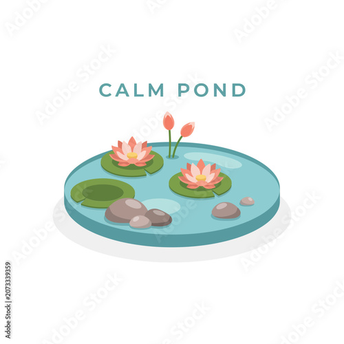 Canvas Print A calm circular blue pond featuring two blooming pink lotus flowers, green lily