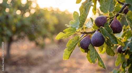 Fresh ripe purple figs hanging on a branch with green leaves in a sunlit orchard during golden hour harvest season with copy space