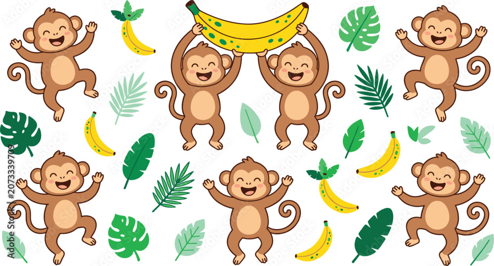 Fototapeta premium Cute cartoon monkey character set with happy chimpanzees holding bananas and dancing among green tropical jungle leaves vector illustration