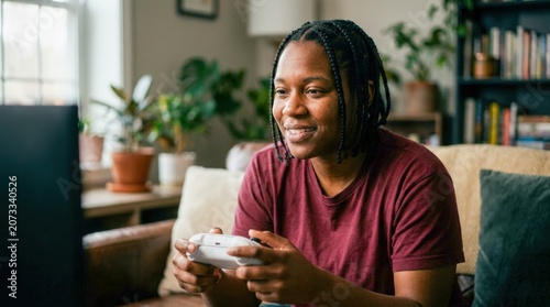 Young Black man playing video games at home on couch.