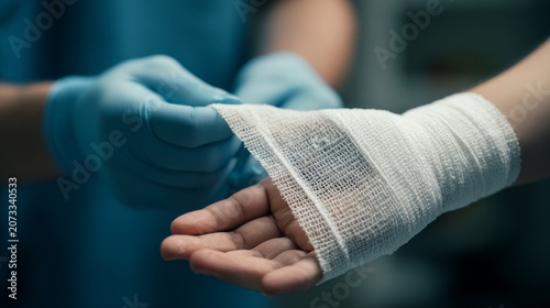 Medical caregiver wearing gloves wrapping white bandage around patient hand wrist during treatment procedure, focusing on injury care, first aid professional healthcare assistance in clinical setting.
