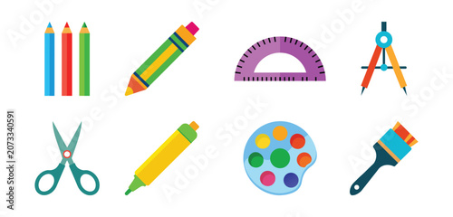 Set of back to school stationery icons isolated on white background. Writing and drawing tools icons set
