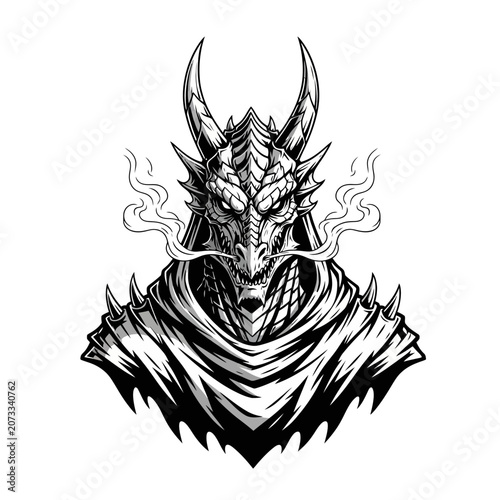 Dragon head with horns and smoke.