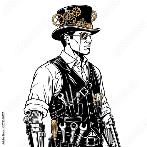 Steampunk man with gear hat.