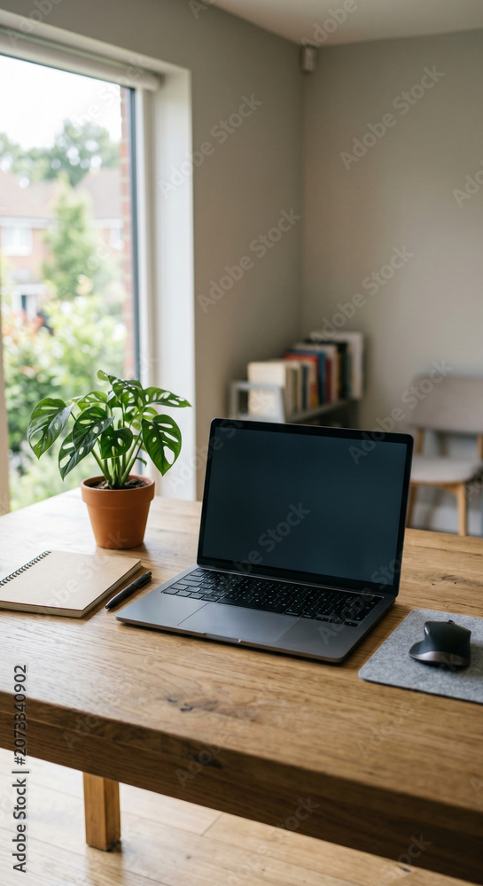 Fototapeta premium Home office desk technology details with laptop by a plant, home office desk setup showing mouse, window light and simple wooden surface
