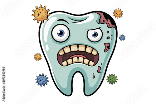 Cartoon Tooth Character with Cavities and Germs, Expressing Discomfort and Pain
