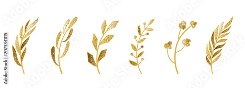Branch gold glitter set. Shiny botanical leaf sprig, berry, cotton flower and elegant golden foliage decoration elements. Luxury floral plant collection for wedding ornate decor. Vector illustration