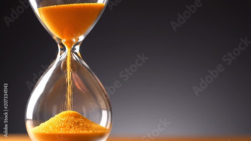 Hourglass flowing sand close up against dark background