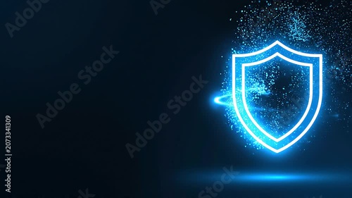 Glowing blue shield icon on dark background with particles
