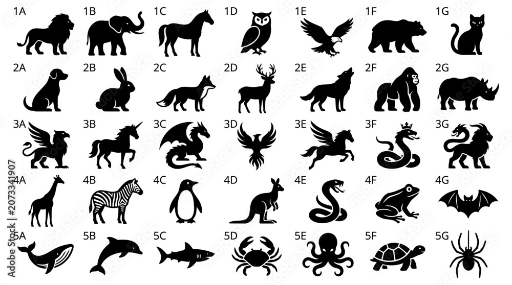 Fototapeta premium Collection of wild animal silhouettes and mythical creatures in a flat black vector icon set design