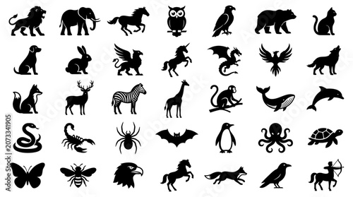 Photography Collection of wild and mythical animal silhouettes in a flat black vector icon s