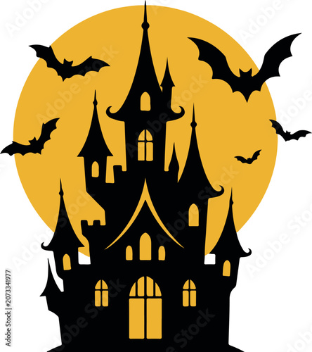 Gothic haunted house silhouette with spires against a giant yellow full moon and flying bats. Spooky Halloween castle vector illustration landscape background for greeting cards and posters.