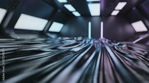Futuristic Digital Landscape with Dynamic Wavy Reflective Surface.
