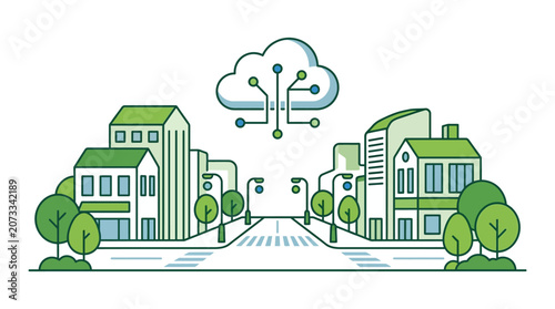 A digital cloud network icon hovers over a residential town street featuring eco friendly homes and green trees which promotes the concept of sustainable urban living through advanced computing
