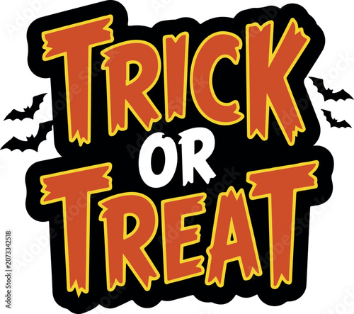 Trick or Treat bold typography text with scary flying bats. Creepy orange and black Halloween vector lettering design isolated on white background for stickers, shirts, and greeting cards.