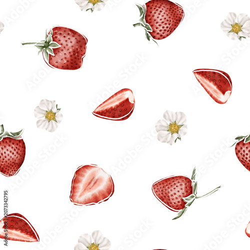 Hand painted watercolor seamless pattern featuring ripe strawberries, strawberry slices, and delicate strawberry blossoms . for fabric printing, packaging, wrapping paper, stationery, wallpaper, 