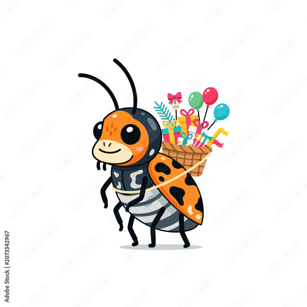 Fototapeta premium Cute ladybug character carrying gifts and balloons in a basket on back