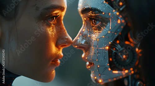 Conceptual Digital Artwork of Human and AI Assistant Collaboration, Floating Robot, Glowing Data Projection, Futuristic Work Environment
