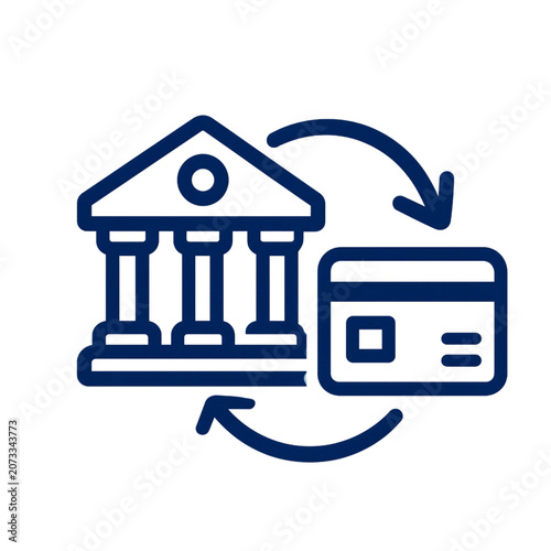 Minimal bank transfer icon with building and digital arrows