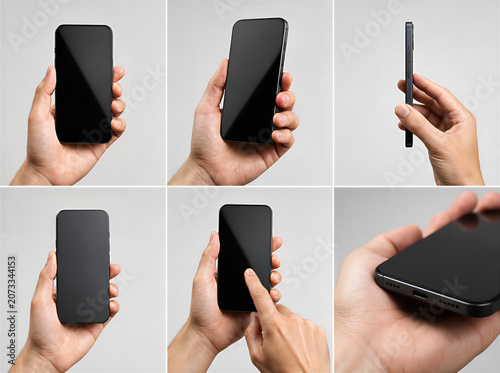 Konstfotografi A black smartphone mockup shown in different hand-held angles on a clean light background, with blank screen for app, UI, or product presentation