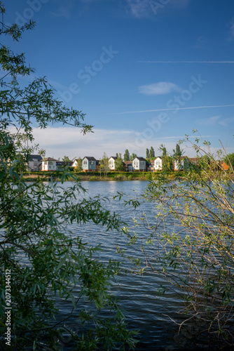 A modern housing development next to the Holmethorpe Lagoons in Mersham, Surrey, UK. Trees in the foreground. Portrait orientation.