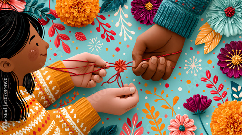 Cute Raksha Bandhan greeting card illustration showing sibling bond with colorful festive elements and clean text space