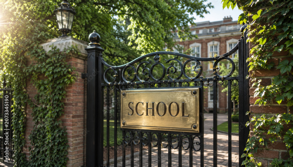 Obraz premium Elegant school gate with greenery and sunlight in background